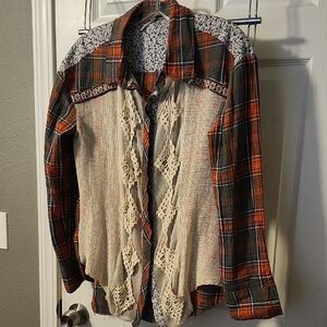 Plaid and Lace Button-Up Shirt M